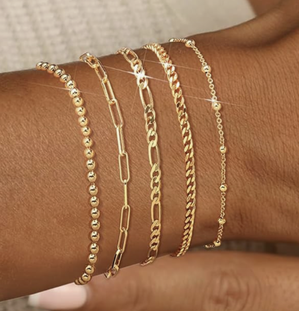 Gold Bracelets for Women, 14K Gold Plated Stackable Bracelet Stack Set Adjustable Charm Paperclip Chain Cuban Link Layered Waterproof Jewelry Sets Gifts for Womens 6.0/6.8/7.2"